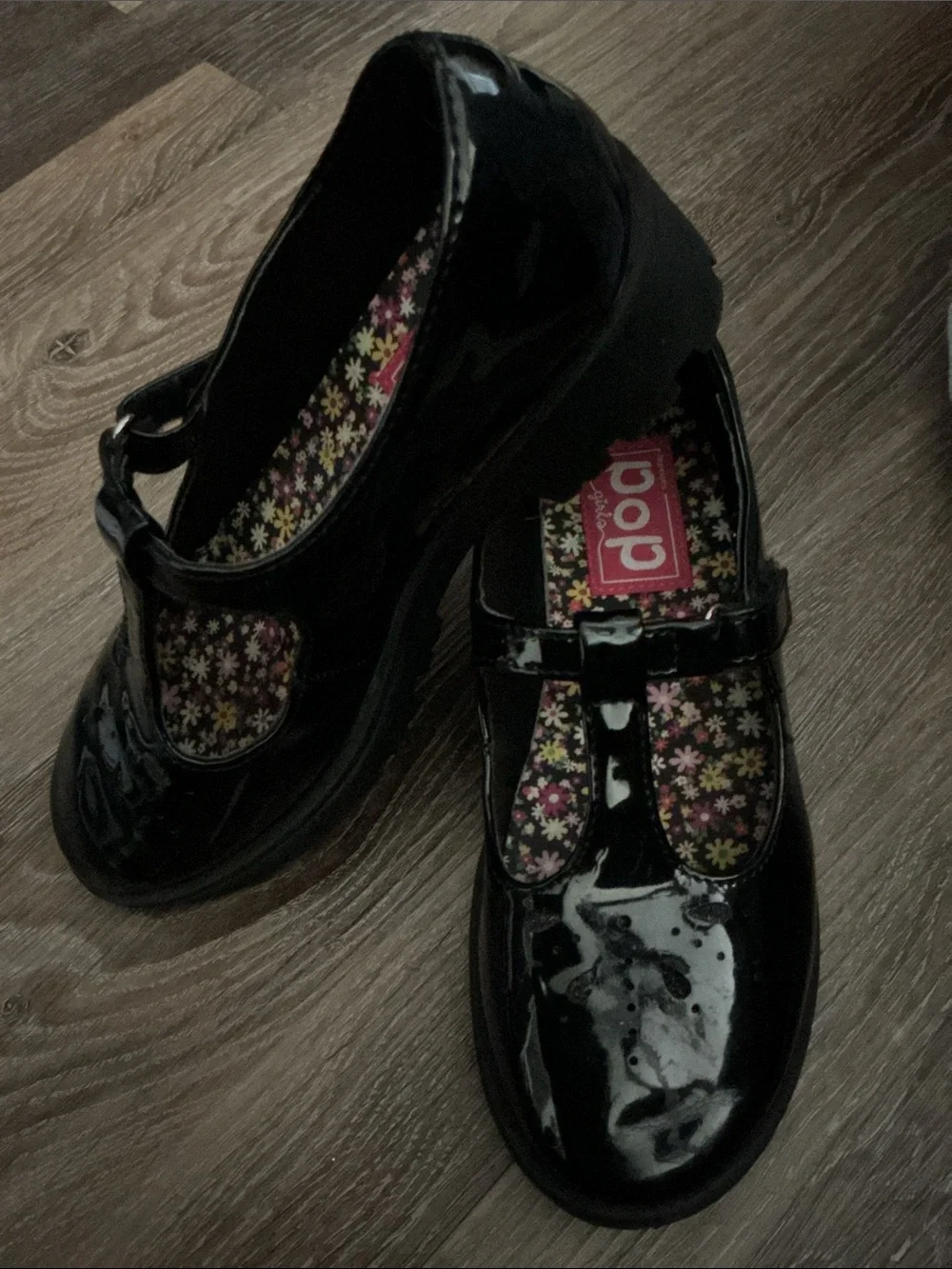 pop Black Patent T-Strap Girls Dress Shoes with Floral Insole
